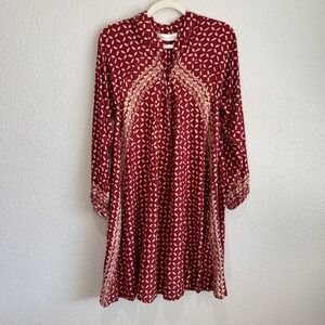 Natalie Martin Silk Burgundy Batik Print Long Sleeve Tunic Boho Dress S Resort